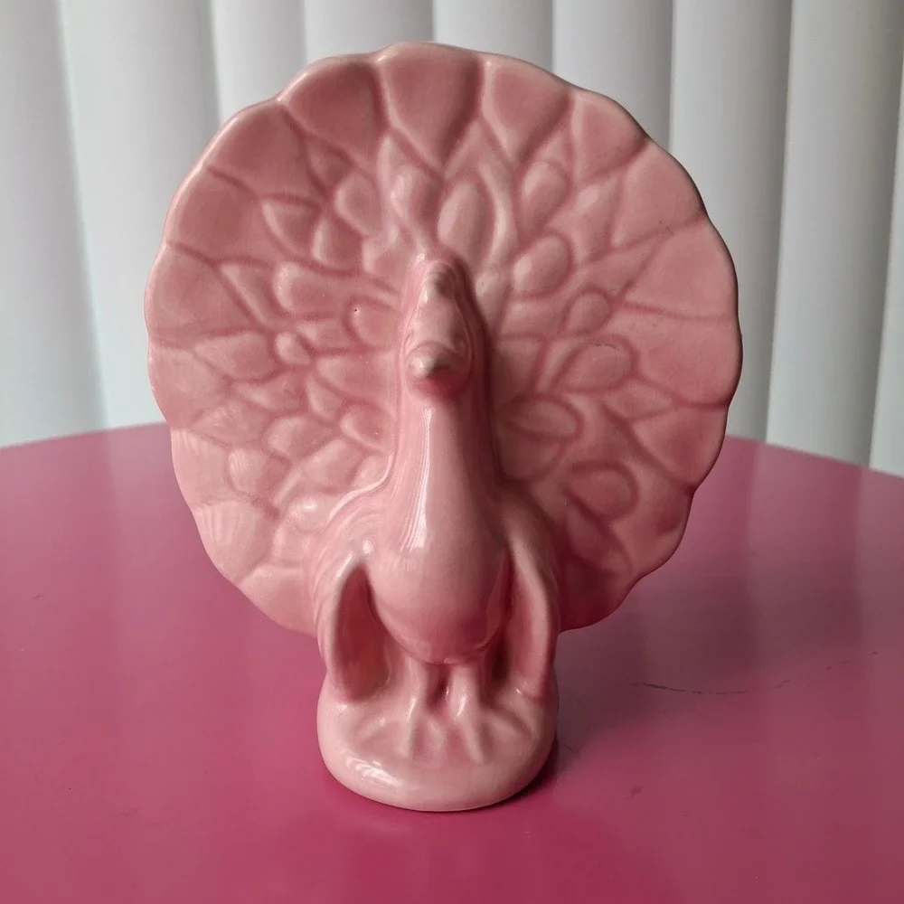 Vintage USA Pottery Pink Peacock Ceramic Wall Pocket Planter MCM Bird Decor